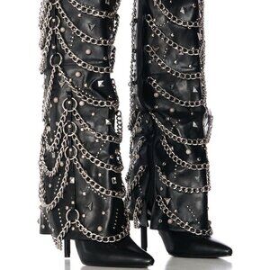 AZALEA WANG "ROCKSTAR REBEL" BLACK EMBELLISHED HARDWARE FOLD OVER BOOT(BRAND NEW